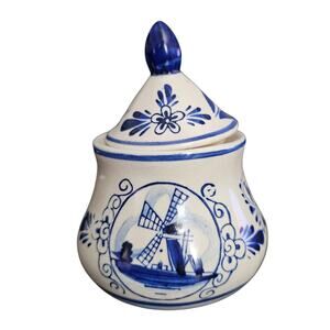Vintage Delft Blue Holland Hand Painted Sugar Bowl Windmill Floral Lidded Jar